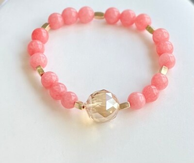 Handcrafted polished Pink Quartz stone crystal bracelets, with vintage look and faceted glass crystal pendant, gold accents - image2